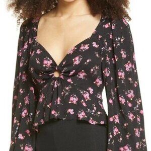 AFRM Hart Black Floral Keyhole Peplum Balloon Sleeve Blouse